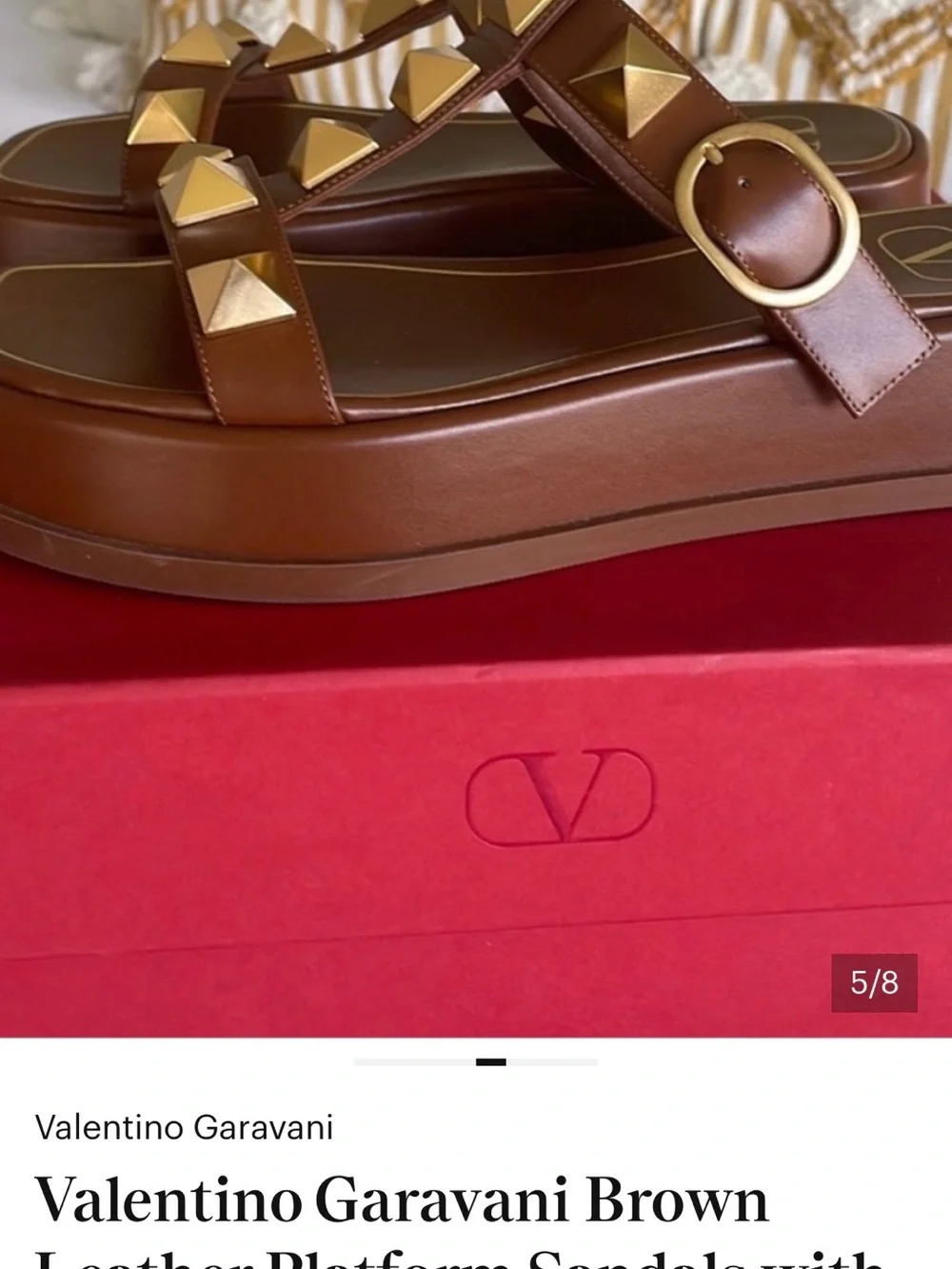 Valentino Garavani Chestnut Leather Platform Sandals with Gold Pyramid Studs
